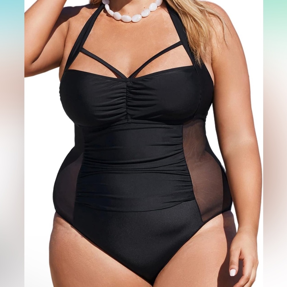 NWT CUPSHE Women Plus Size Swimsuit 1 Piece Cutout Mesh Side Halter Tie Size:1X